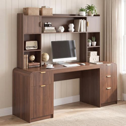 63" Office Desk with Hutch Storage, Computer Desk with 4 Drawers, Walnut, view 2