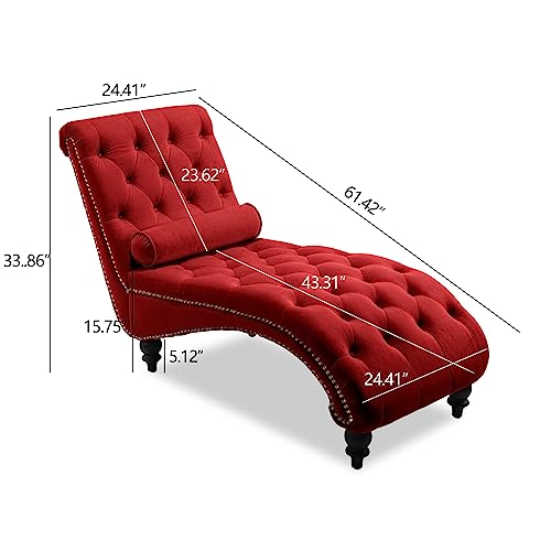 Button-Tufted Velvet Chaise Lounge Chair with Wood Legs & Toss Pillow, view 3