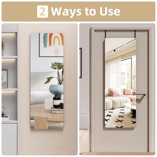 Door Mirror Full Length, 47"x 16" Full Body Over The Door Hanging Wall Mounted Mirror for Bedroom, Living Room, Cloakroom, Round White