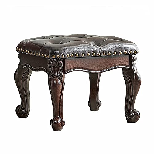 Footstool and Ottomans Small Foot Stool with Fiber Leather Wooden Foot Rest Upholstered Footrest for Living Room Bedroom (Dark-Brown)