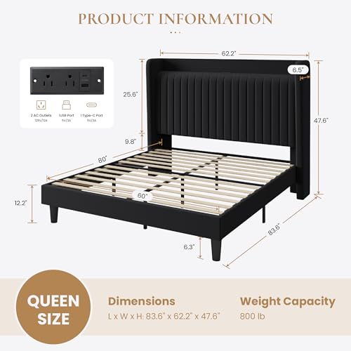 Black Velvet Bed Frame with Charging Station, view 3