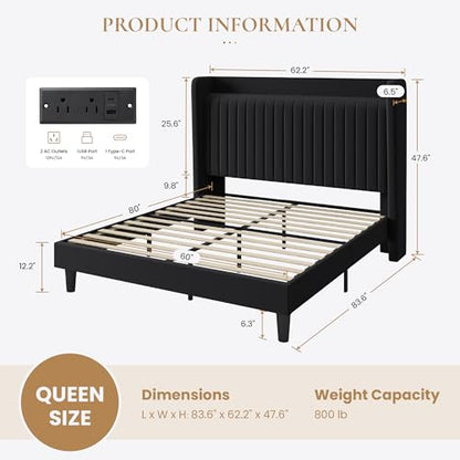 Black Velvet Bed Frame with Charging Station, view 3