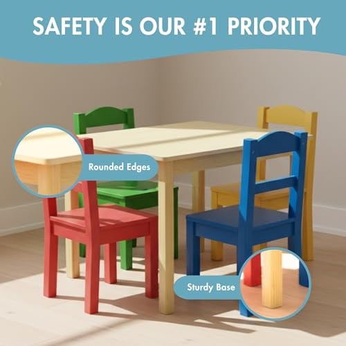 Kids Wooden Table and 4 Chairs Set, Natural/Primary - Kids Table and Chair Set for Toddlers and Children for Arts, Crafts, and Snack Time - Sturdy, Durable Toddler Activity Table