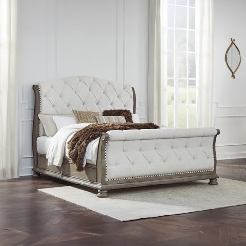Upholstered Sleigh Bed Frame in Light Brown, view 3