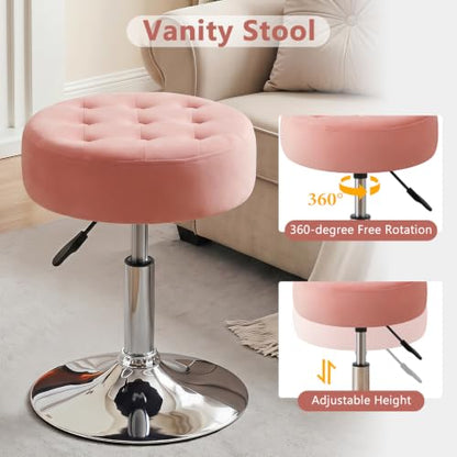 Mid-Century Velvet Tufted Makeup Ottoman Stool, 360° Swivel Adjustable Vanity Stool Modern Big Size Vanity Chair Stools for Living Room Bedroom Bathroom, Pink