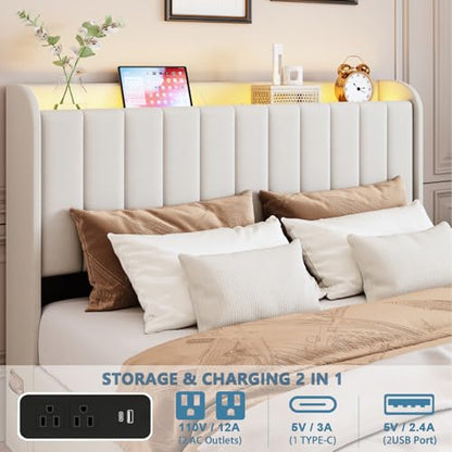 Upholstered beige bed frame with drawers and lights, easy assembly, view 4