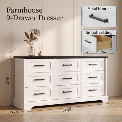 57" Farmhouse Dresser for Bedroom, 9 Drawers Dresser, White & Brown, view 4
