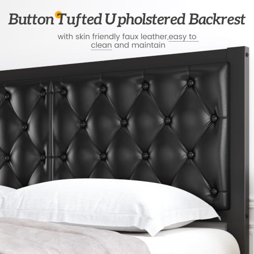 Queen Black Bed Frame with Button Tufted Headboard and Storage, view 4