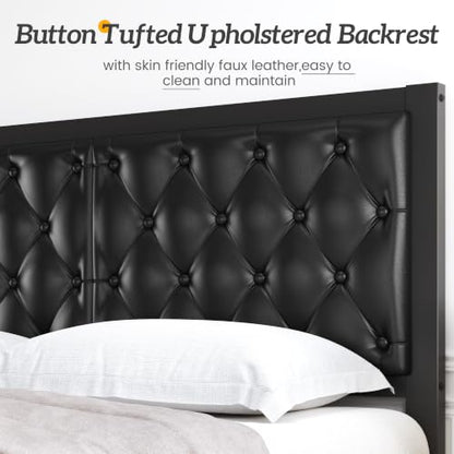 Queen Black Bed Frame with Button Tufted Headboard and Storage, view 4