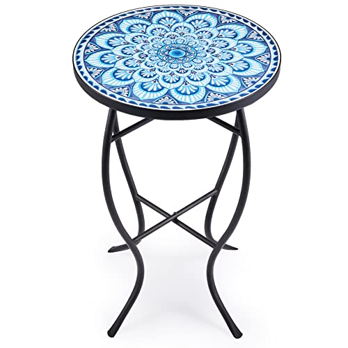 Blue mandala mosaic ceramic tile side table and plant stand, view 2