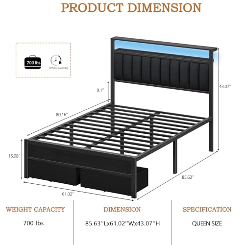 Queen Bed Frame with Storage Drawers and Upholstered Headboard, view 3