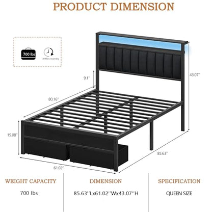 Queen Bed Frame with Storage Drawers and Upholstered Headboard, view 3