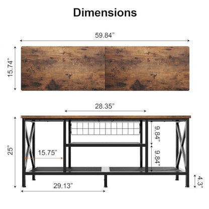 59.8" Industrial TV Stand for 55-65 Inch TVs, Rustic Brown, 3-Tier Media Entertainment Center with Open Shelves, Metal Frame, Sofa Table for Living Room, Bedroom, Office