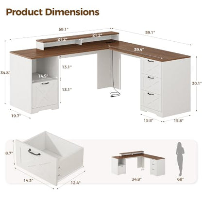 Farmhouse L Shaped Desk with Storage, Monitor Stand for Home Office, view 3