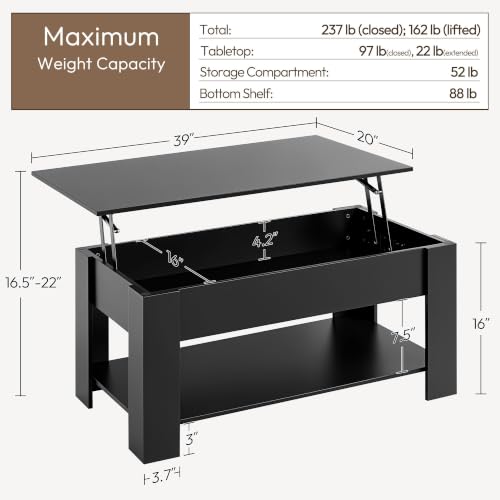 Yaheetech Wooden Coffee Table, Lift Top Coffee Table with Large Hidden Storage Shelf, Lift Tabletop Dining Tables for Living Room, Home Small Space, 38.6in, Black