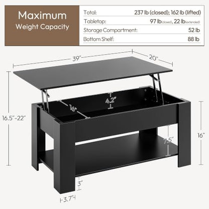 Yaheetech Wooden Coffee Table, Lift Top Coffee Table with Large Hidden Storage Shelf, Lift Tabletop Dining Tables for Living Room, Home Small Space, 38.6in, Black