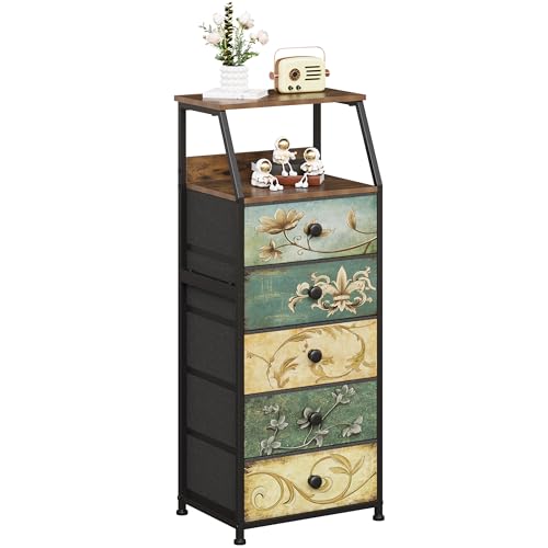 Nightstand with Fabric Drawers Dresser with 2 Tier Shelf Storage Tower for, view 2