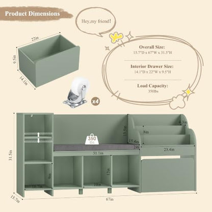 67"W Kids Reading Nook with Bookshelf, Toy Storage Organizer, Green | Cushioned Bench & Large Movable Toy Storage Box on Wheels, 6 Open Cubbies for Ease Fetch, Kid Bookcase for Playroom, Kid Room