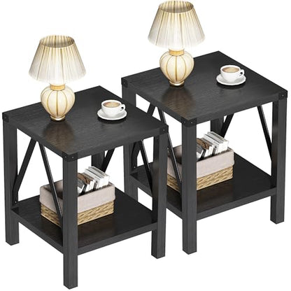 Farmhouse End Table Set of 2, Rustic Vintage Nightstand Side Table with Shelf for Living Room, Black