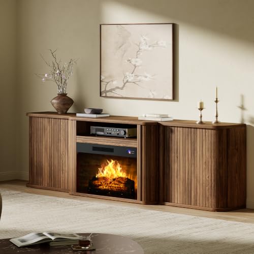 70" Fluted Electric Fireplace TV Stand, Mid Century Modern, Walnut, view 2