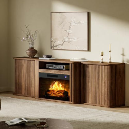 70" Fluted Electric Fireplace TV Stand, Mid Century Modern, Walnut, view 2