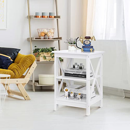 End Table, Sofa Side End Storage Shelf, Versatile X-Design Wooden Side Table, Living Room, Bedroom, Office Furniture, White