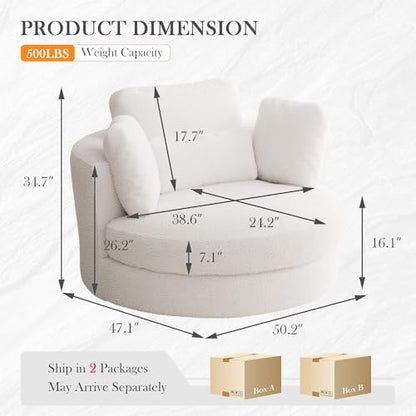 50'' W Oversized Swivel Barrel Chair, Ivory Swivel Accent Chair for Living Room, Round Oversized Arm Chair with 4 Pillows, Deep Seat & Extra Wide, Sherpa