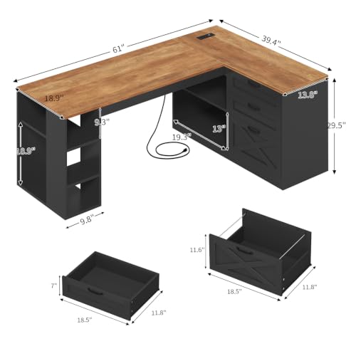Farmhouse L Shaped Computer Desk with Drawers, Power Outlet for Home Office, view 3
