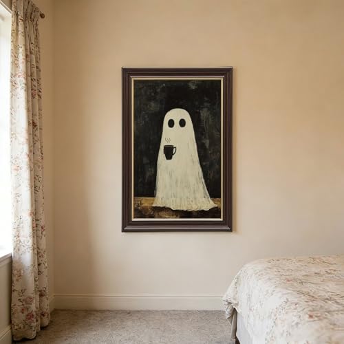 Halloween Ghost Canvas Wall Art with Natural Wood Grain Frame, Cozy Spooky Coffee Decor, Rustic Farmhouse Style Wall Picture for Living Room Kitchen Bedroom Autumn Seasonal Wall Decorations - 8x12