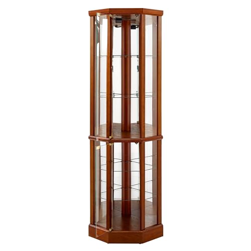 6 Shelf Lighted Corner Curio Cabinet with Adjustable Tempered Glass Shelves and Mirror Back, Oak(E26 Light Bulb not Included)