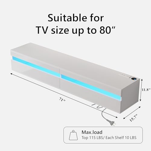 Solid Wood Floating TV Stand with LED Lighting & Power Outlet, view 3