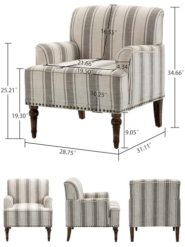 Accent Chair, Mid Century Modern Comfy Armchair for Living Room, Linen Fabric Single Sofa Lounge for Reading Bedroom Apartment Waiting Room with Wood Legs (Grey Stripe, Set of 1)