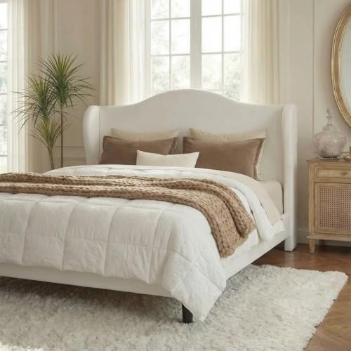 White Plush Velvet Wingback Queen Bed Frame, view 2