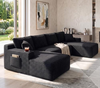 134" Modular Cloud Couch Sectional, U-Shaped Boneless Sleeper Sofa with Side Pockets & Cup Holders, Oversized 4-Seater Modern Deep Seat Corduroy Couch for Living Room, No Assembly Required, Black