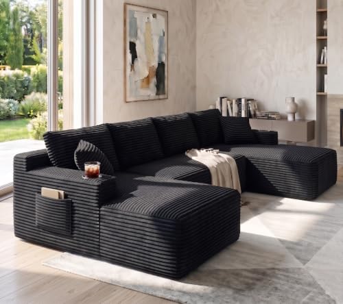 134" Modular Cloud Couch Sectional, U-Shaped Boneless Sleeper Sofa with Side Pockets & Cup Holders, Oversized 4-Seater Modern Deep Seat Corduroy Couch for Living Room, No Assembly Required, Black