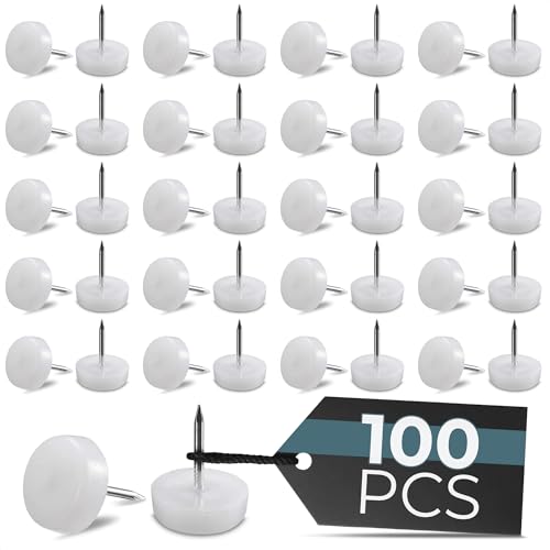 Nail in Furniture Glides, 100 Pcs, 0.6" x 0.7", Nylon for Hardwood Floors | Plastic Furniture Feet, Steel Nail Hold Stays Put, Glides Smoothly, Reduces Noise & Scratches, for Chairs & Tables