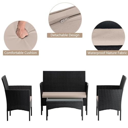 4 Pieces Patio Furniture Set Outdoor Conversation Set Rattan Furniture Set Wicker Chairs and Sofa with Glass Table for Porch Pool Backyard Garden Sand