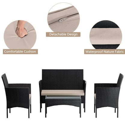 4 Pieces Patio Furniture Set Outdoor Conversation Set Rattan Furniture Set Wicker Chairs and Sofa with Glass Table for Porch Pool Backyard Garden Sand
