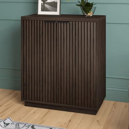 28" Fluted Wooden Accent Cabinet, Ribbed Modern Sideboard Buffet Cabinet with 2 Doors and an Adjustable Shelf for Living Room, Dining Room, Bedroom or Entryway, Rich Brown