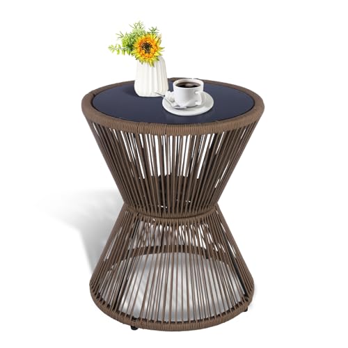 Brown woven rope hourglass outdoor side table with glass top, view 2