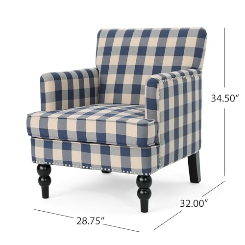 Eve Modern Upholstered Club Chair, Wooden Living Room Accent Chair, Comfy Bedroom Reading Chair, Multifunctional Armchair, Blue Checkerboard