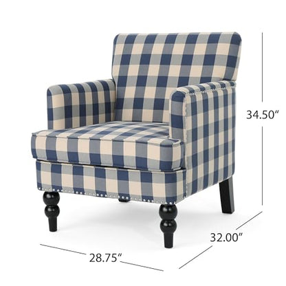 Eve Modern Upholstered Club Chair, Wooden Living Room Accent Chair, Comfy Bedroom Reading Chair, Multifunctional Armchair, Blue Checkerboard