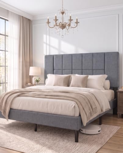 Queen Size Bed Frame with Headboard, Modern Bed Frame, Gray, view 4