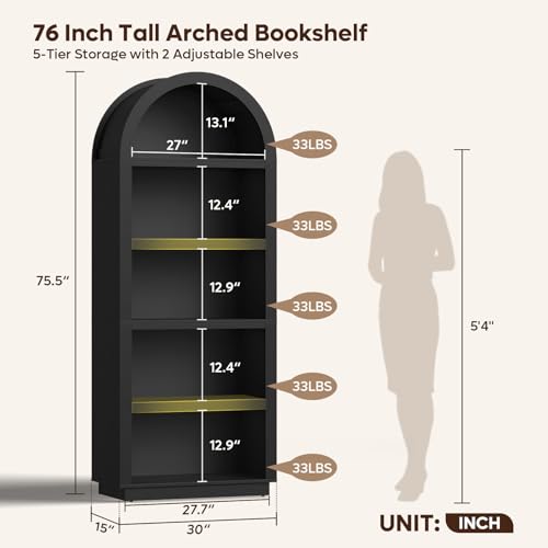 76" Tall Arched Bookshelf with Adjustable 2 Book Shelves, Black Oak, view 3
