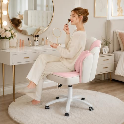 Vanity Chair with Wheels Velvet Petal Desk Chair Upholstered Tufted Home Office Chair for Women Girls, Height Adjustable Makeup Task Chair for Bedroom Living Room, Pink White