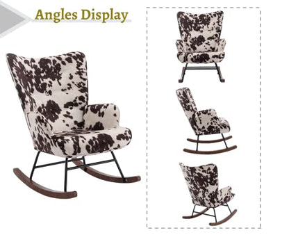 Nursery Rocking Chair Fabric Upholstered Rocker Chair Tufted Wingback Accent Chair with Wooden Base Modern Comfy Lounge Armchair for Bedroom Living Room, Cow