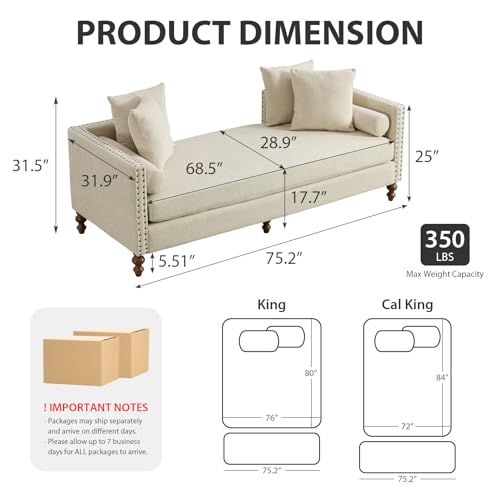 75.2" Oversized Chaise Lounge, Chenille End of Bed Bench with Tufted Arms, view 3