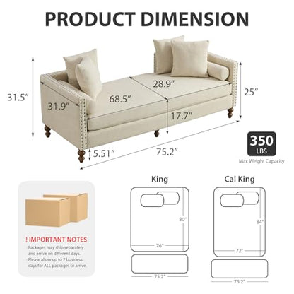 75.2" Oversized Chaise Lounge, Chenille End of Bed Bench with Tufted Arms, view 3