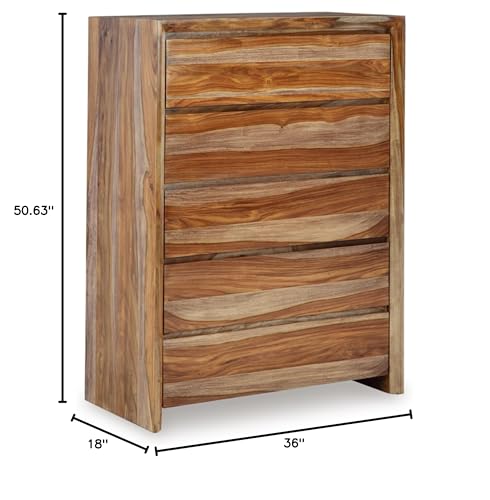 Signature Design by Ashley Dressonni Farmhouse 5-Drawer Chest of Drawers with Beveled Edge and Felt Lining, Light Brown