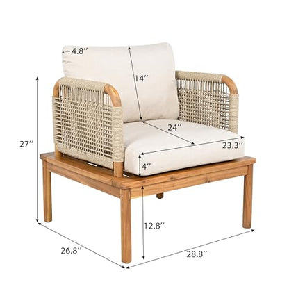Coby Acacia Wood Patio Accent Chair Set of 2, Acacia Wood Outdoor Club Chair with Cushion, Patio Furniture Set, Teak+Beige